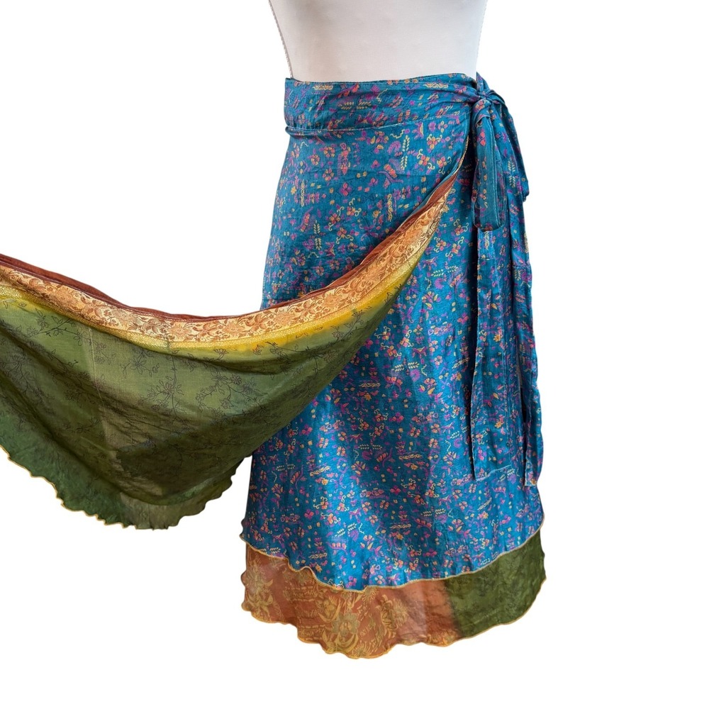 Womens Silk Blend Wrap Skirt Reversible Sari Bohemian Hippie Artsy Gypsy Sarong